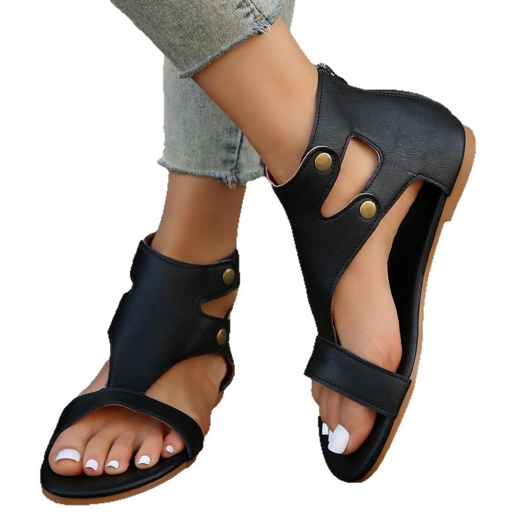 Ретро босоножки с открытым носком больших размеров 2025: Однотонные, с вырезами, с открытым носком, балетки на молнии сзади для женщин