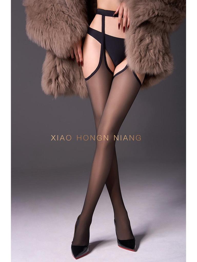 Black Silk Garter Stockings with Gray Faux Transparent Plus Velvet Leggings