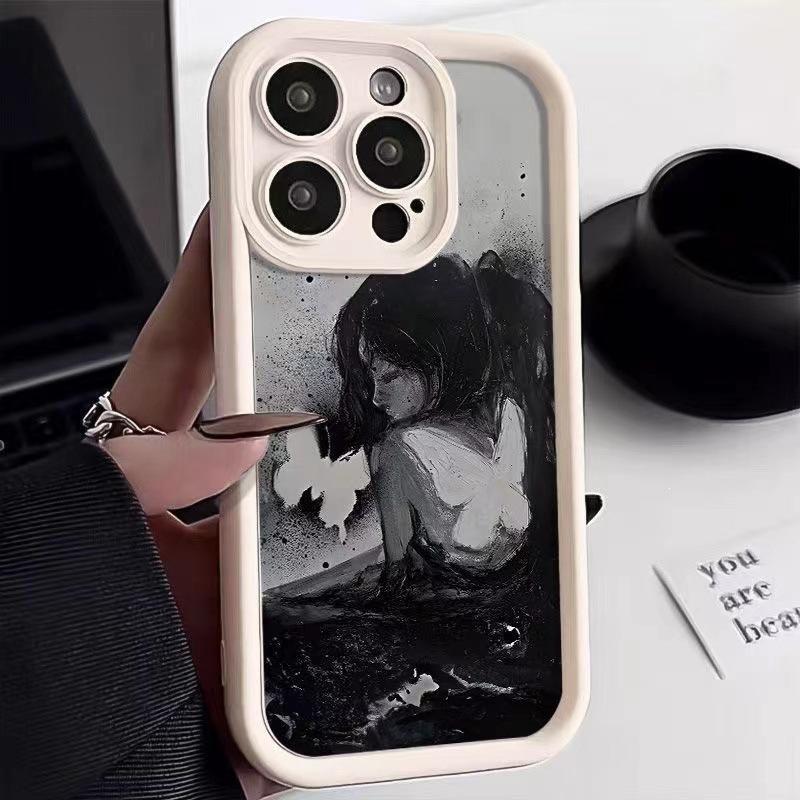 Чехол для телефона iPhone13promax с рисунком 'Девочка с бабочкой на спине' 15plus Apple 14pro Креативный 12 Мягкий x