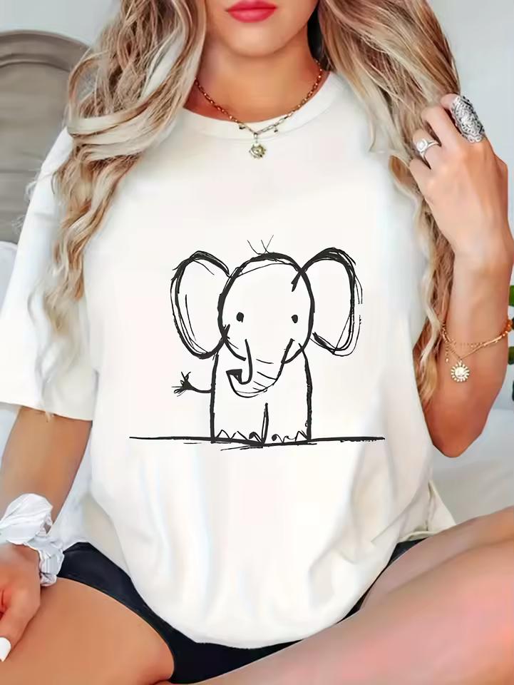 Simple Lines Elephant Pattern Print Summer Women's Cute T-shirt Short Sleeved Top Round Neck Casual Summer Fashion Top