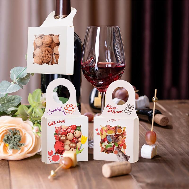 WTEMPO 50PCS Wine Bottle Hanging Boxes with Transparent Wave Window Gifts Kraft Paper Boxes Champagne Hanging Treat Boxes, Mini Charcuterie Boxes