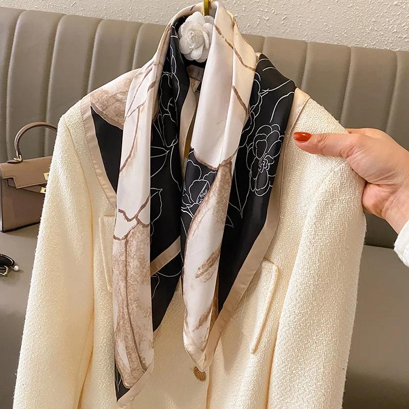 Elegant Skinny Silk Square Scarf Women Floral Print Foulard Head Hijab Neckerchief Bandana Bag Ribbon Lady Soft Satin Headscarf