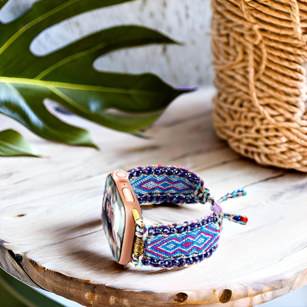 Бохо плетеный ремешок, совместимый с ремешком для Apple Watch 42 мм 44 мм 45 мм 46 мм 49 мм для женщин, тканый браслет дружбы ручной работы с бусинами, регулируемый ремешок для