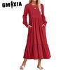 Autumn Winter Solid Color Print Women's Long Sleeve Pleated Layered Fashion Casual Swing O-Neck Dress