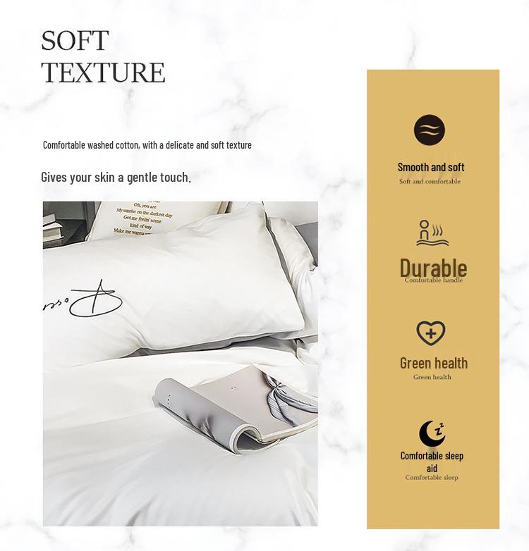 Solid Color Washed Cotton Quilt Cover with Simple Embroidery