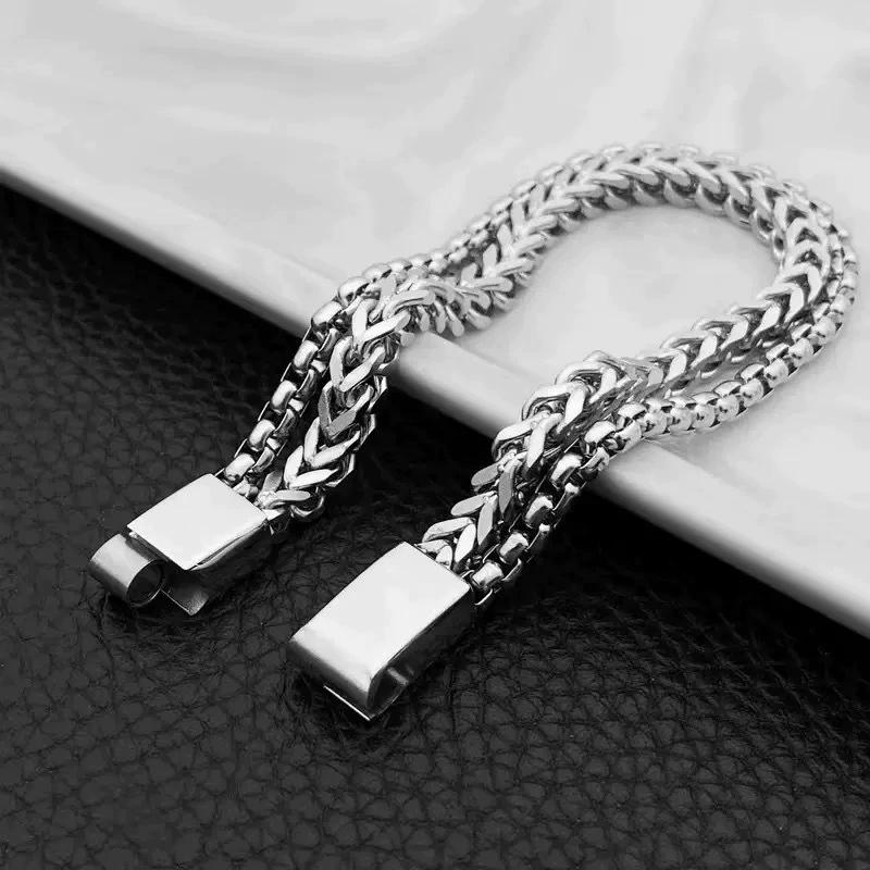 Customizable Men's DoubleLayer Stainless Steel Reversible Chain Bracelet HipHop Versatile Magnetic Clasp Bracelet FadeResistant