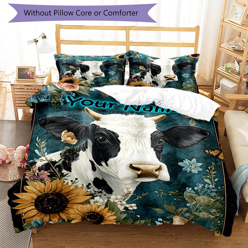3pcs Custom Name Cow Portrait Flowers Bedding Set Printed Bedding Set Duvet Cover Closure Includes 1 Duvet Cover & 2 Pillowcases Bedroom Decor