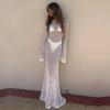 Women Long Sleeve Crochet Knit Sexy Backless Cut Out Elegant Summer Beach Holiday Maxi Dress