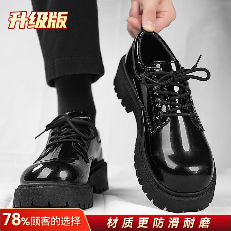 Мужские кожаные туфли 2025 новая летняя деловая повседневная подростковая большая голова британский стиль черная лакированная кожа ботинки Мартин