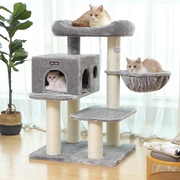 FEANDREA Cat Tree with XXL Viewing Platform, Hammock, Large Cave and Thick Sisal Posts, Light Grey