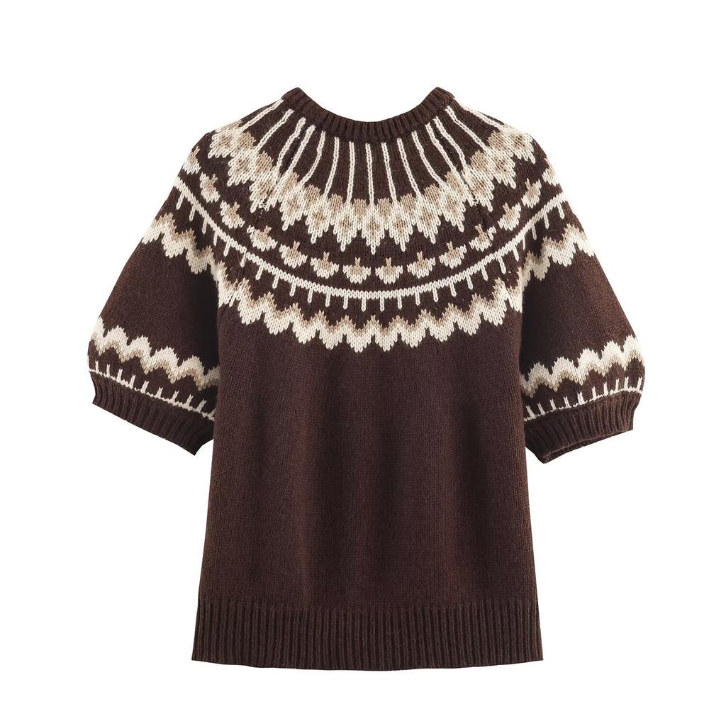 European and American style, new women's clothing, foreign style jacquard short-sleeved knitted sweater 3920/089/087
