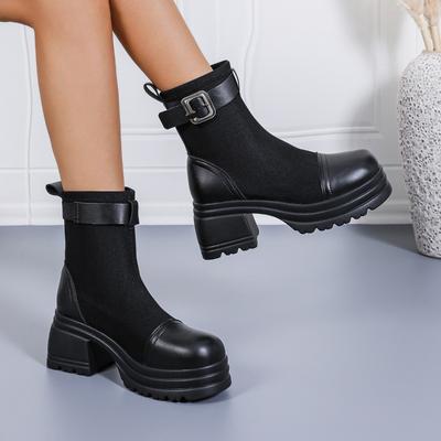 Универсальные ботинки, Новая женская обувь, Ретро эластичные облегающие ботинки, На толстой подошве