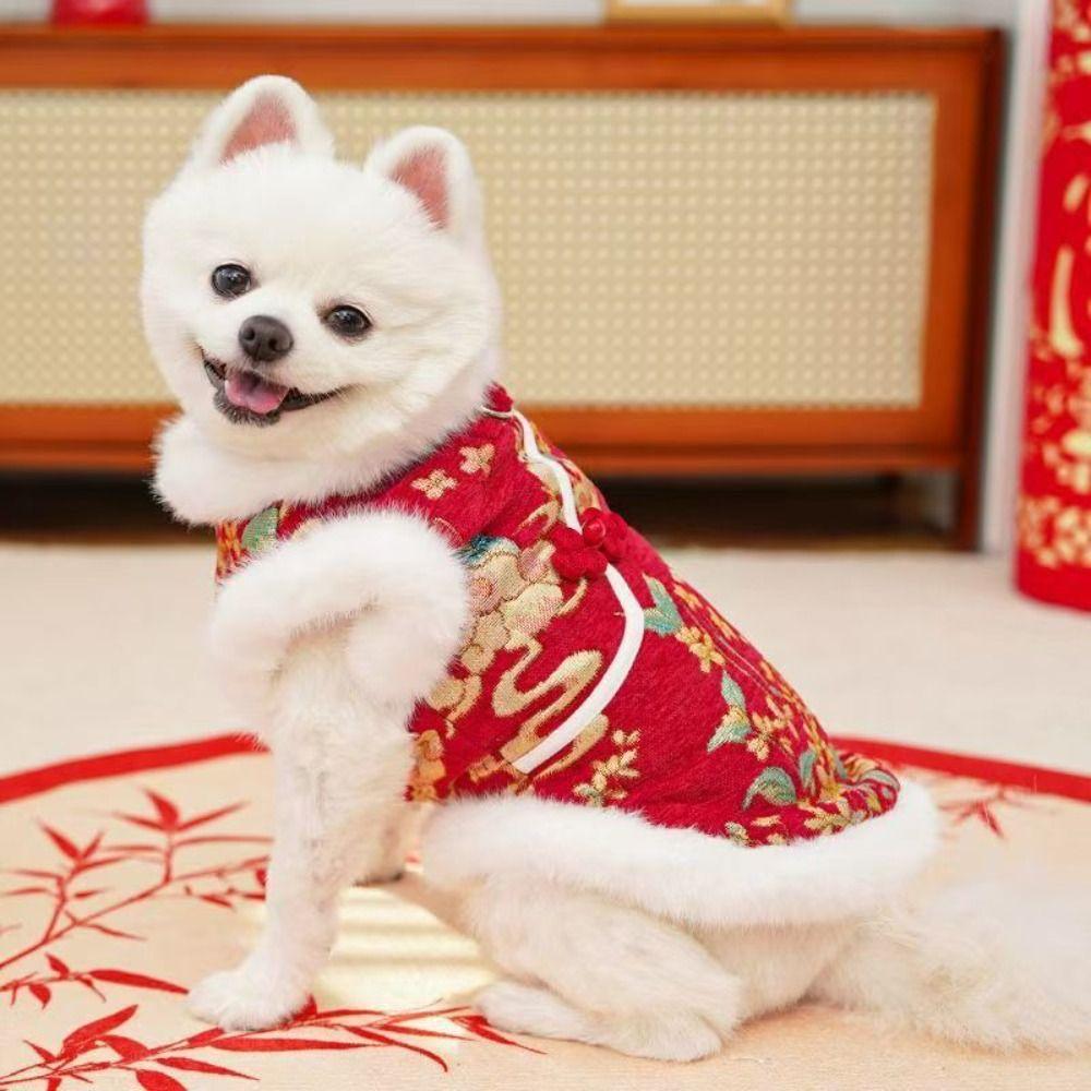 Милая Плотная Бархатная Новогодняя Одежда для Собаки Кошки Tang Одежда Китайский Стиль Жилет для Кошки Собаки Мягкое Удобное Пальто для Питомца Осень Зима