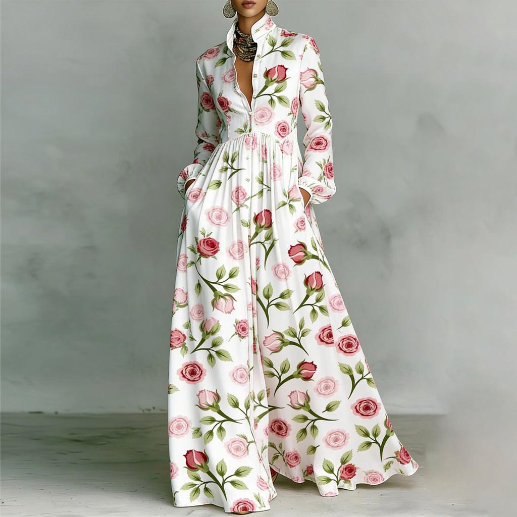 Women's Fashionable Stand Up Collar Long Sleeved Floral Print Waist Slimming Retro Casual Vacation Dress