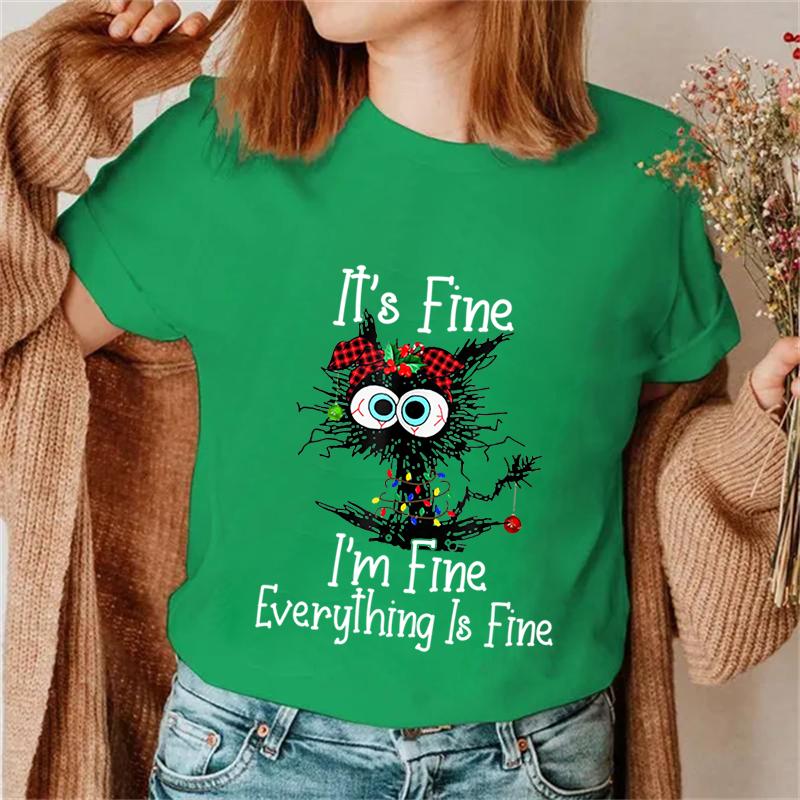 It's Fine I'm Fine Everything Футболки с принтом кота, топы, женская футболка, рождественские футболки с огнями Санта-Клауса, женские топы 90-х Ulzzang, футболки