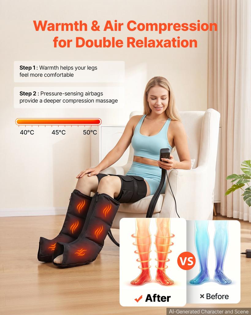 VEVOR Leg Compression Massager 9 Intensities Air Compression Leg Massager, For Daily Relaxation, 6 Massage Modes, 3 Heat Settings