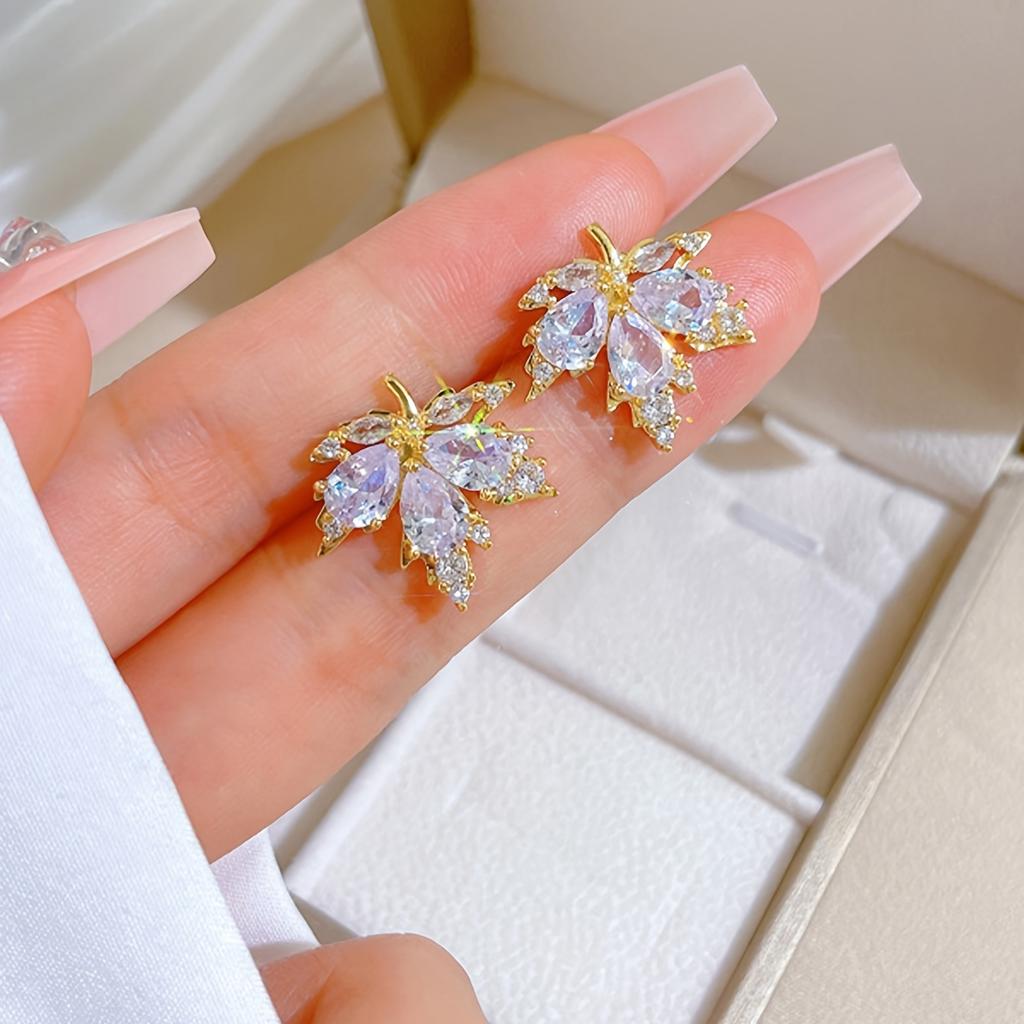 1 Pair Stud Earrings +1 Pc Necklace With Golden Maple Leaf Design Copper Jewelry Set Zirconia Inlaid Vintage Elegant Style Trendy Female Gift