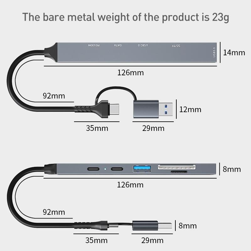 6 in 1 Portable Multi Port Type USB C HUB Adapter USB + Type-C to PD100W + USB3.0/2.0 + SD/TF HUB Docking Station