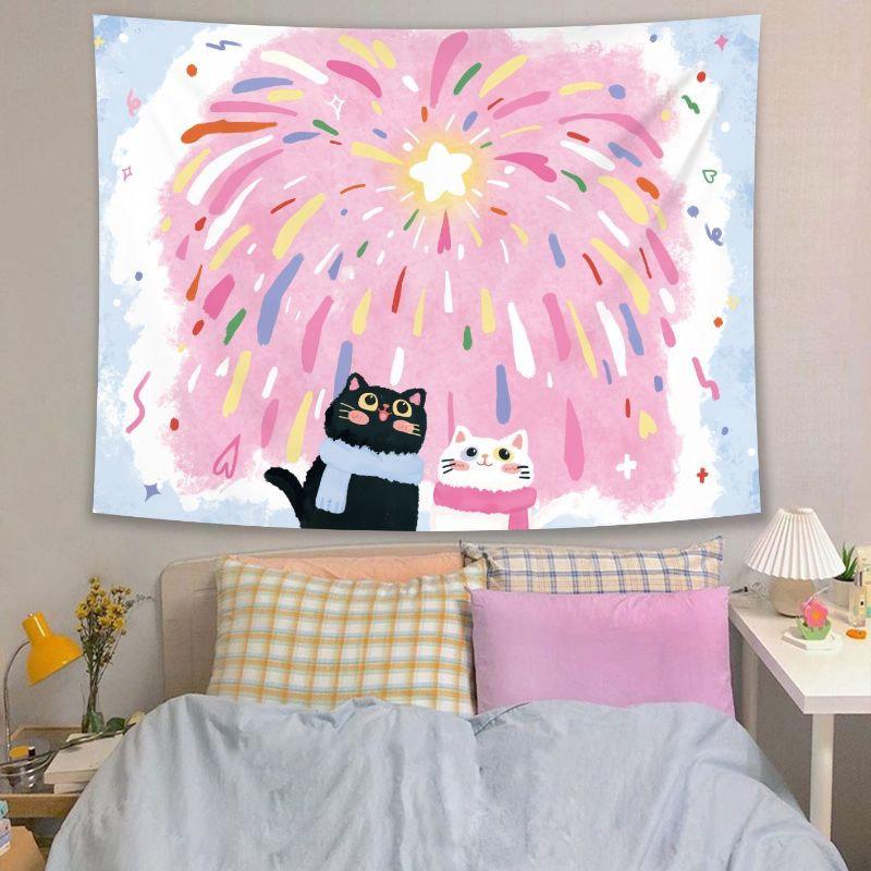Cute Cartoon Kids and Stars Tapestry Wall Hanging Light Blue Sky Yellow Star Costume Aesthetic Wall Art Bedroom Decor