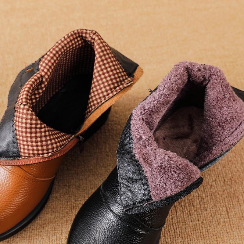 Осень и зима этнические кожаные ботинки Мартин толстый каблук теплые боковая молния нескользящие цветочные круглый носок ботинки