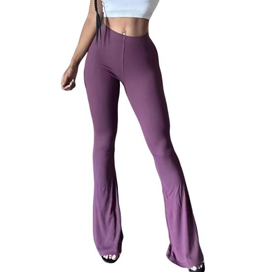 Women Flared Pants Elastic High Waist Solid Color Long Pants