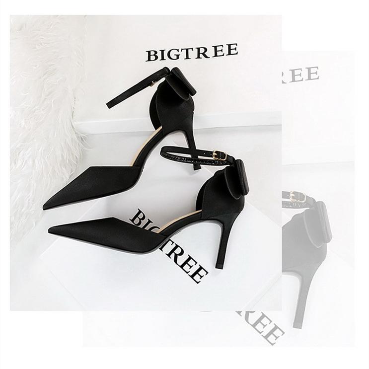 Bigtree Sexy High Heels 8cm Women's Silk Shallow Mouth Pointed Head Straight Line Sandals with Bowknot