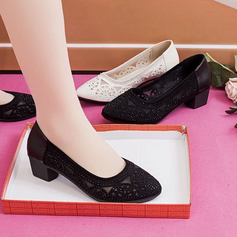 Женские сандалии, сетка, полый дизайн, украшения со стразами, женские сандалии из мягкой кожи, противоскользящая мягкая подошва, дышащие туфли на высоком каблуке для поездок на работу