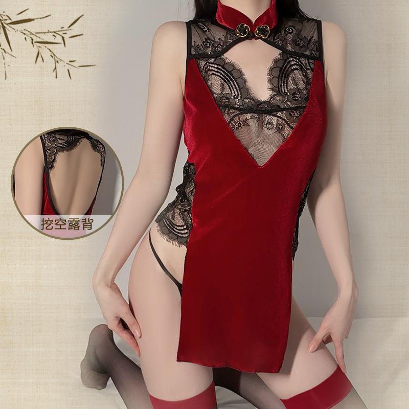 Women's Vintage Mandarin Collar Frog Button Slit Qipao Costume Lingerie Set