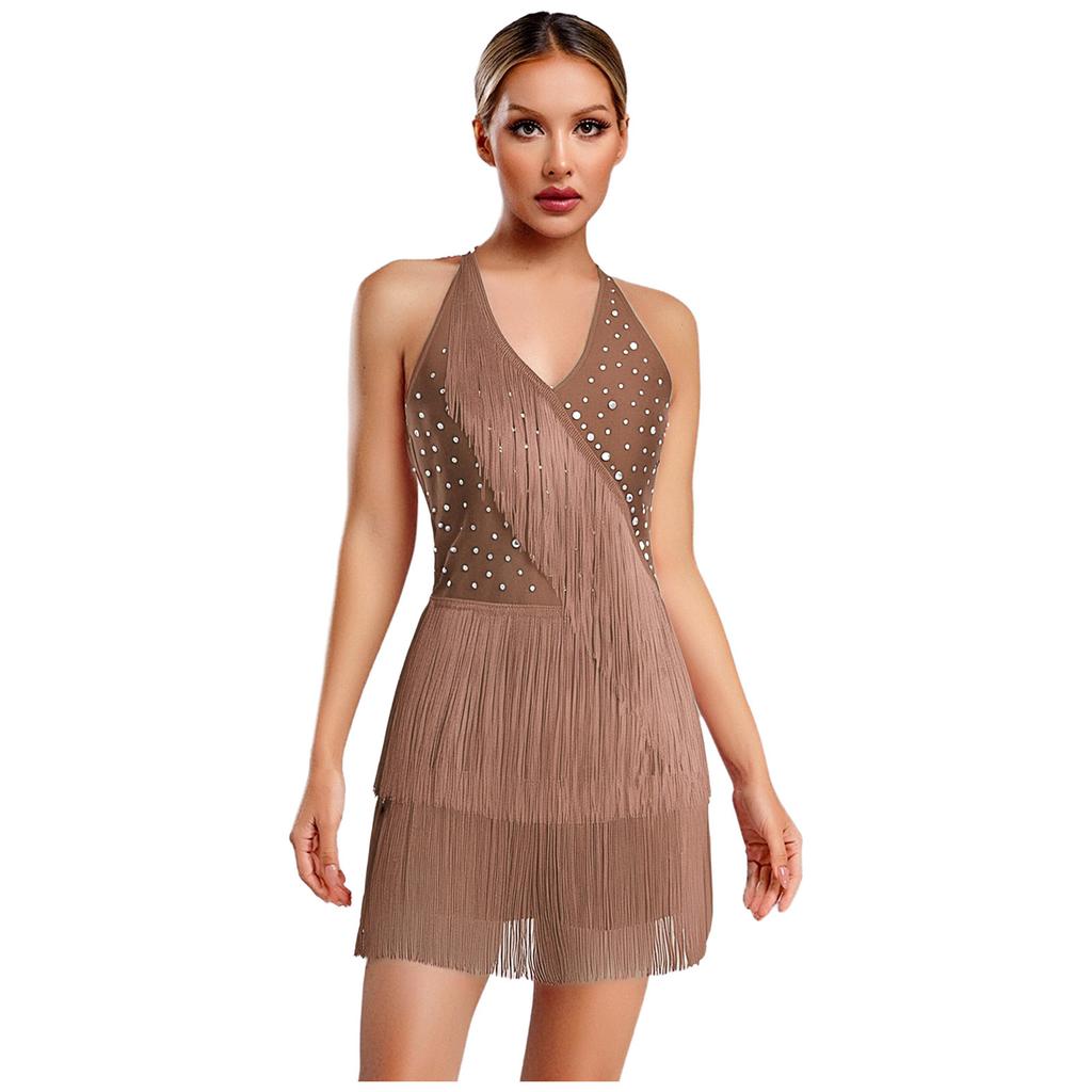 S-3XL Women Dance Bodysuit Halter Neck with Rhinestones Fringed Back Latin Tango Salsa Jazz Performance Costume Leotard