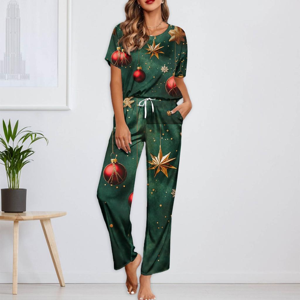 Ayollar uchun muz ipakli satin Rojdestvo printli pajama to'plami, qisqa yengli ko'ylak va uzun pajama shimlari to'plami, yumshoq uy kiyimi