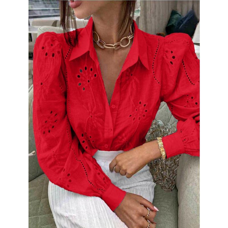 Elegant Loose Fashion Lace Women Shirt Casual Hollow Out Puff Long Sleeve Top Single-breasted Office Blouse Solid Sweet Simple Lapel Women's Clothing