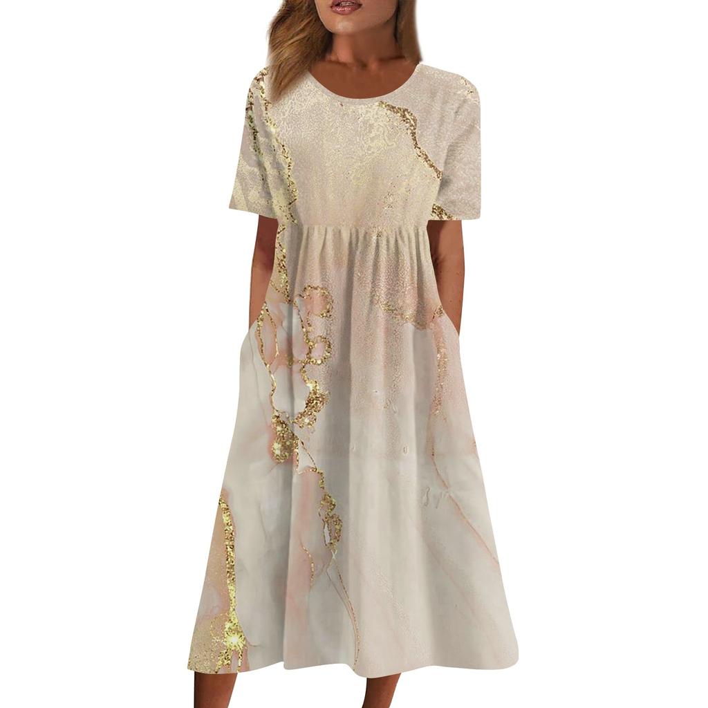 Жен. Повседневные платья Платья с принтами Летние платья С принтами Плиссированные платья-миди с круглым вырезом Классический Классический На открытом воздухе Повседневные С короткими рукавами Свободные платья