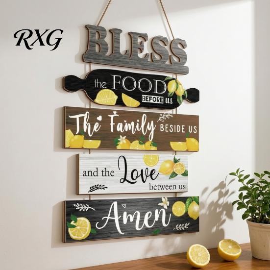 Decorative Wooden Letters for Wall Kitchen Decor, 5 Panel Bless Food Family Love Modern Rustic Home Accents Hanging Sign, Farmhouse Art Dining
