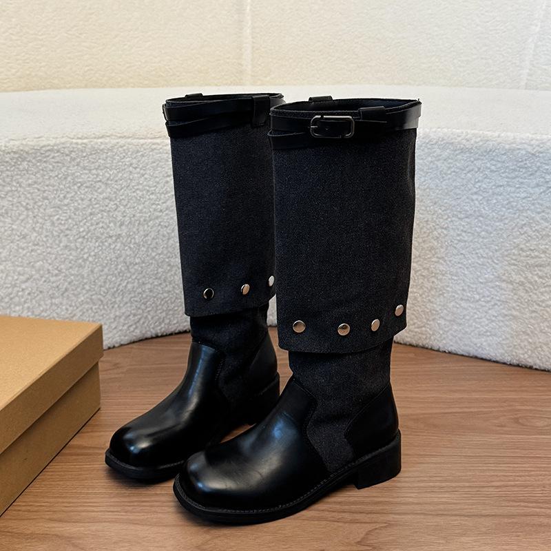 Two wear retro-style color matching belt buckle stacking boots women's autumn and winter new wide-tube knight boots versatile fashion boots