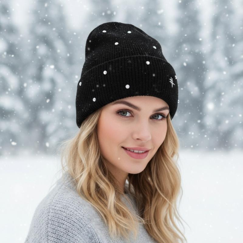 Acrylic Fibre Knitted Brimless Hat with Rhinestones Decors Winter Warm Skull Cap For Women Teens Girl Daily Outfit