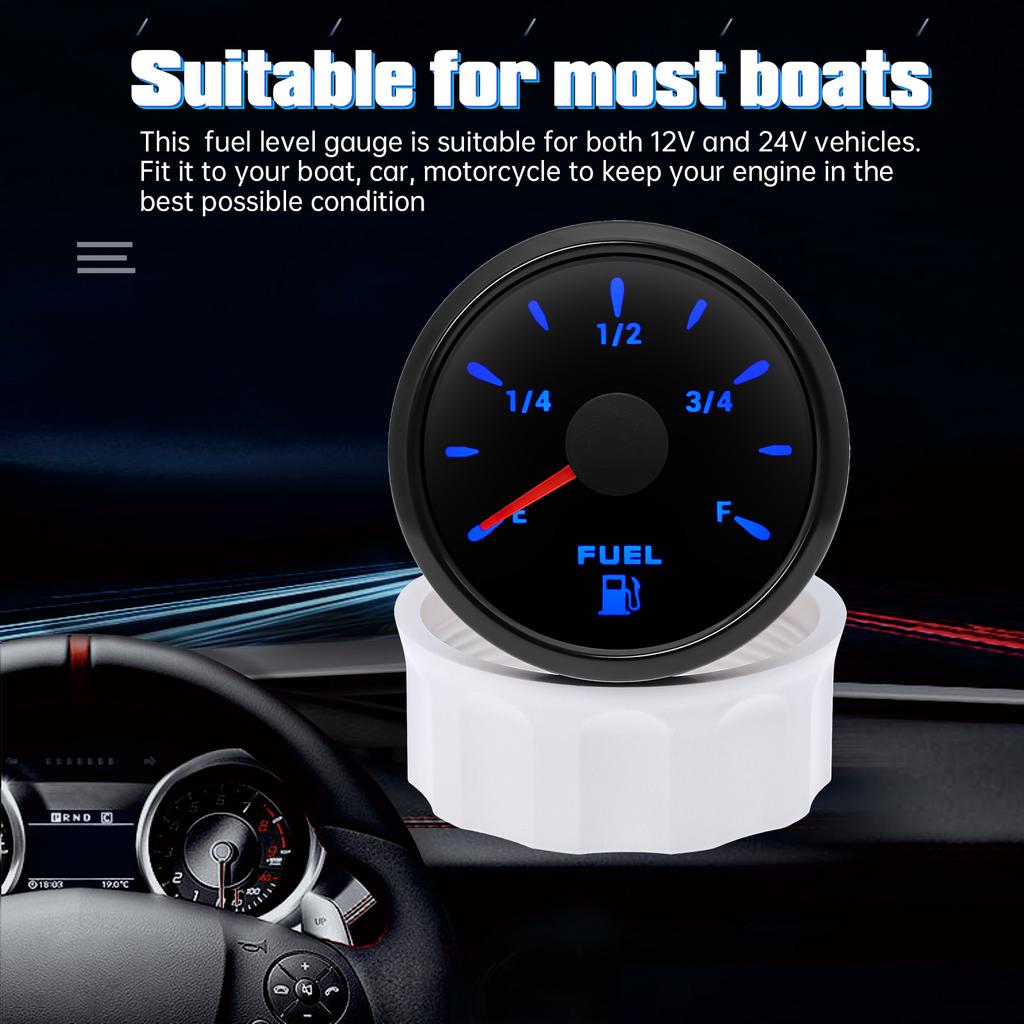 7-color Backlight 12V 24V Universal Waterproof 52mm Fuel Level Gauge 0-190ohm 240-33ohm Fuel Level Meter For Marine Boat Car