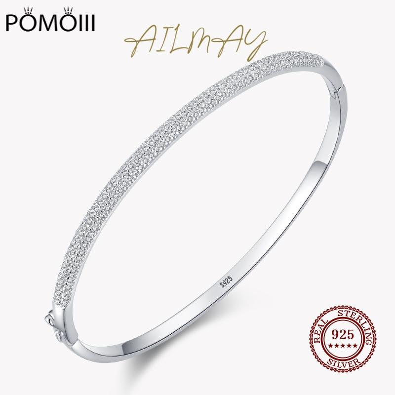 Ailmay Genuine 925 Sterling Silver Fashion Dazzling Clear Zircon Bracelets Crystal Wedding Lady Classic Romantic Jewelry
