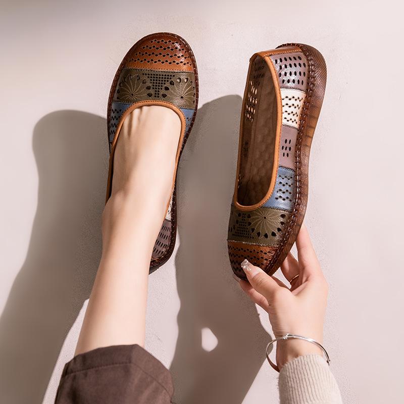 Модные сандалии GKTINOO из натуральной кожи 2025 Лето Новые Дышащие Полые Мягкая Подошва Неглубокие Удобные Женские Балетки