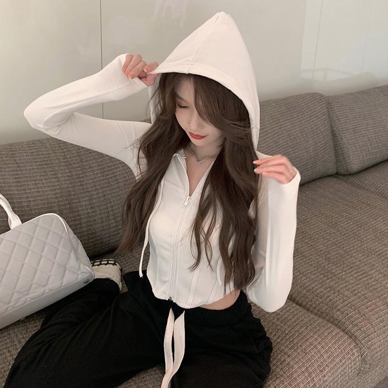 Кардиган на молнии с капюшоном, женский весенний тонкий спортивный пальто в стиле ретро, ​​удобный простой универсальный короткий укороченный топ с длинными рукавами