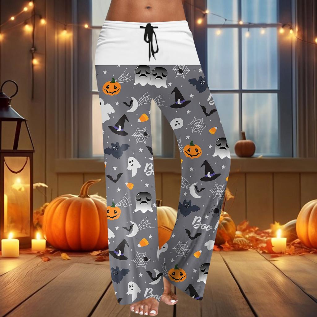 Женские широкие брюки на резинке и завязках на талии для Хэллоуина, повседневные брюки с принтом