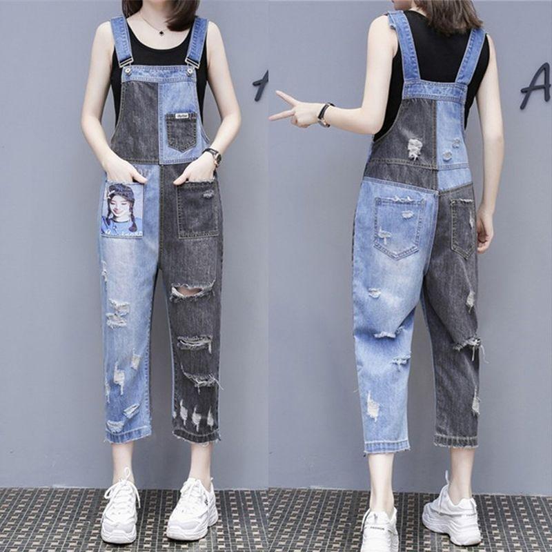 Spring Summer Distressed Denim Patchwork Overall Pants for Women Korean Style Loose Youthful All-Match 9/10 Wide Leg Jumpsuits