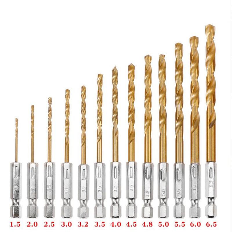 Набор сверл из быстрорежущей стали с титановым покрытием, 13 шт., набор сверл с шестигранным хвостовиком 1/4, 1,5–6,5 мм, шестиугольная ручка, спиральное сверло