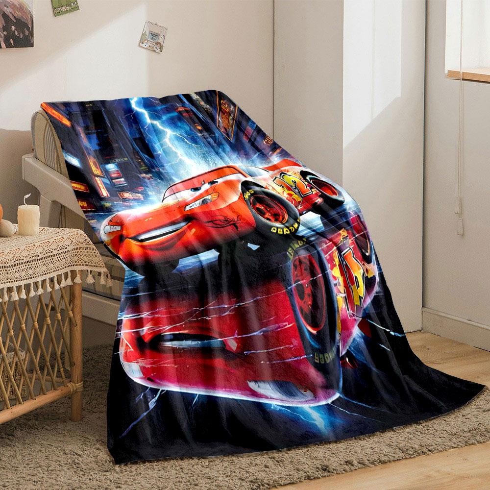 A vibrant red car with lightning backdrop and neon-lit city reflections. for all seasons blanket lunch break throw gift
