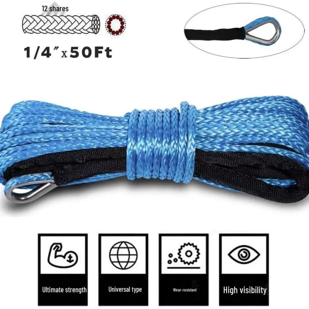 6mm x 15m Synthetic Winch Rope, 4T Tow Strap for ATV/UTV Off-road Accessories