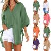 TAM Casual Women Lace-up Button Lapel Shirt Loose Side Knotted Long Sleeve Shirt