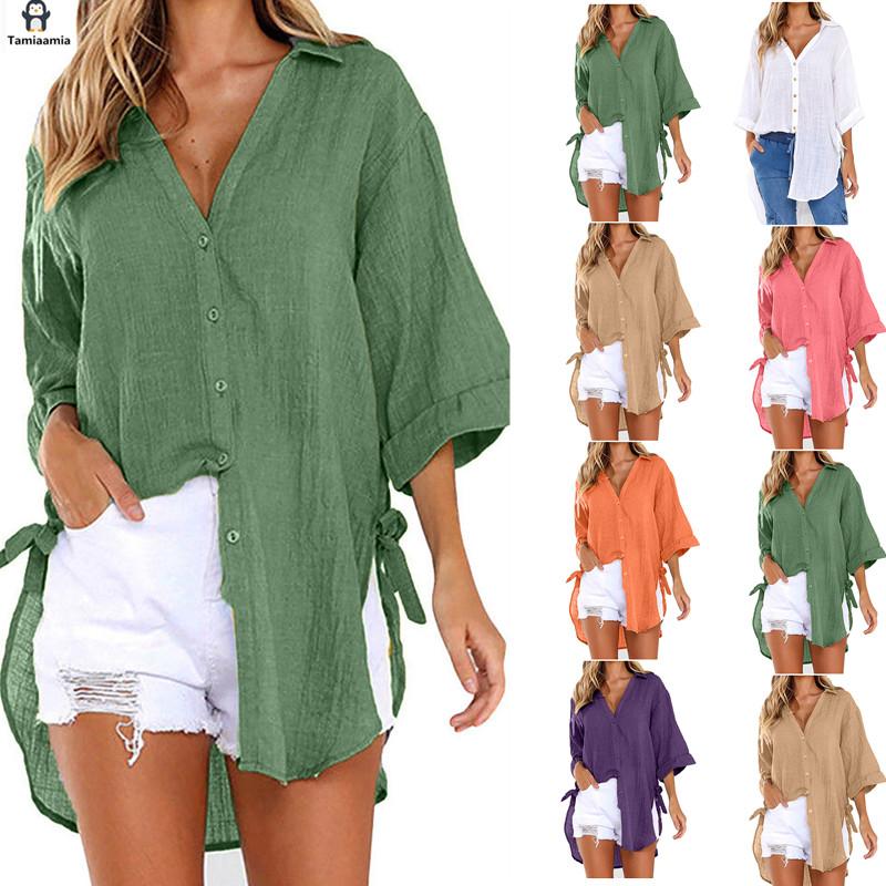 Повседневная женская рубашка с пуговицами на шнуровке и лацканами, свободная рубашка с длинным рукавом с завязками по бокам