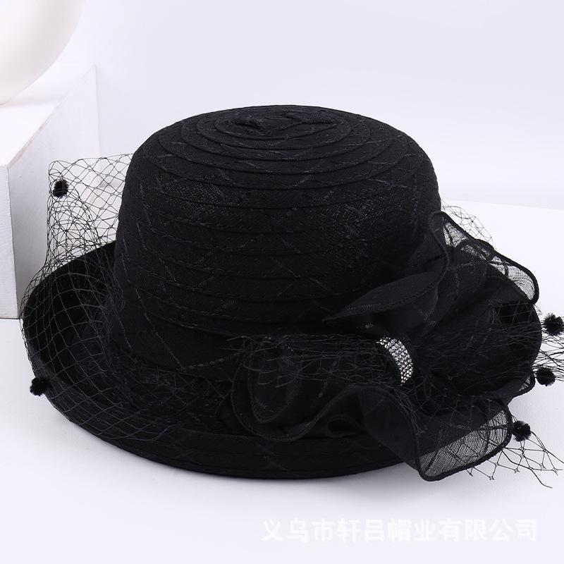 Sun hat summer lace breathable flower fashion top hat British retro mesh face covering sun hat big brim
