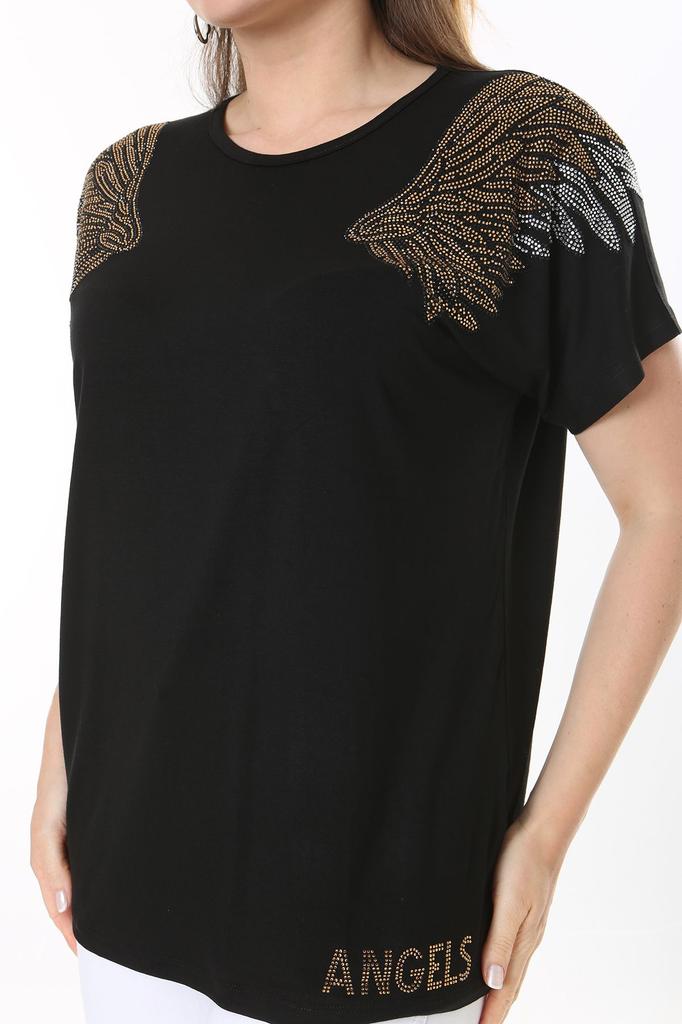 Женская блузка большого размера, черная блузка с короткими рукавами и камнями больших размеров, черные ангелы