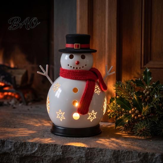 Small Metal Candle Vessel Christmas Snowman Holder, Decorative Candlestick Ornament with Top Indoor Festive Atmosphere Light Hat And Scarf for