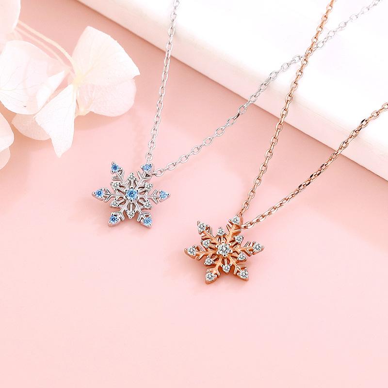 New Snowflake Necklace for Women, Simple and Fashionable Korean Version, Small Clear, New Blue Snowflake Pendant
